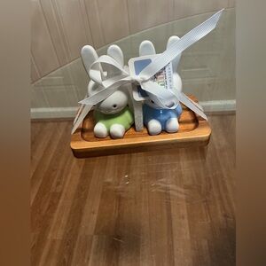 Miffy Ceramic Bunny Salt & Pepper Shakers Set with Wooden Tray, Green & Blue